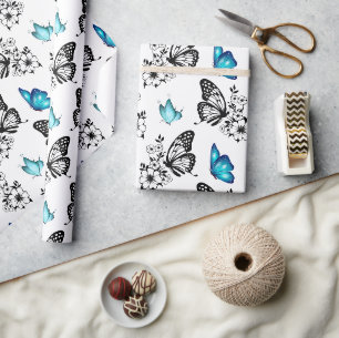Cute Floral Butterfly Pattern White Wrapping Paper