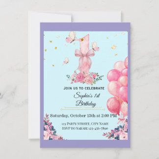 Cute Floral Butterfly Pink 1st Birthday Invitation