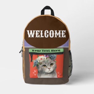 Cute Floral Cat Backpack, Custom Cat Lover School Printed Backpack