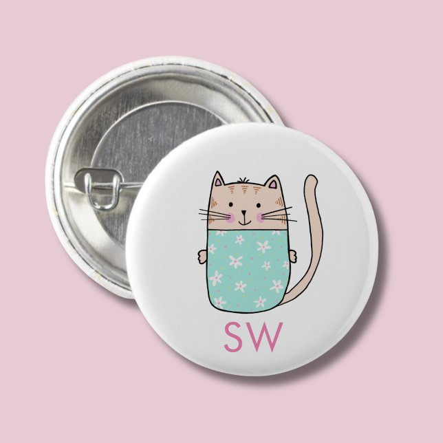 Cute Floral Cat Initials Monogram 3 Cm Round Badge (Kitty Cat personalized button)