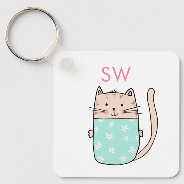 Cute Floral Cat Initials Monogram Key Ring (Front)
