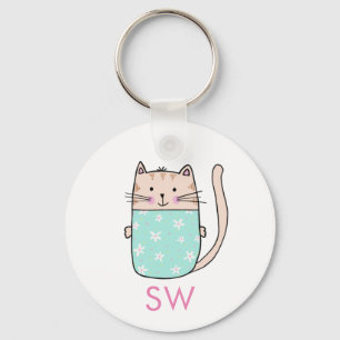 Cute Floral Cat Initials Monogram Key Ring