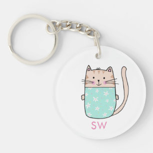 Cute Floral Cat Initials Monogram Key Ring