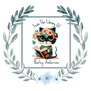 Cute Floral Cat With Glasses and Book Bookplate Square Sticker