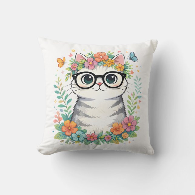 Cute Floral Cat with Glasses Cushion (Front)