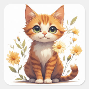 Cute Floral Cat With Happy Smile 💕 Square Sticker