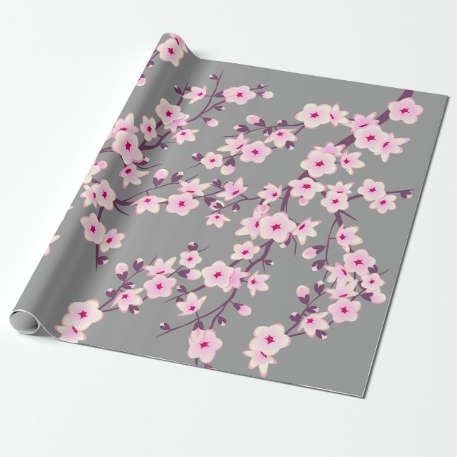 Cute Floral Cherry Blossoms Pink Grey Wrapping Paper (Unrolled)