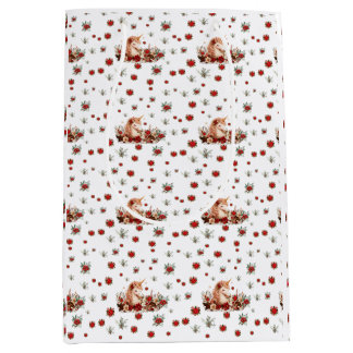 Cute Floral Christmas Unicorn Girl White Medium Gift Bag