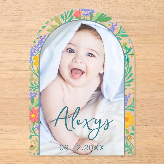  Cute Floral Colourful Add Photo Birth Announcemen Acrylic Invitations (Front)