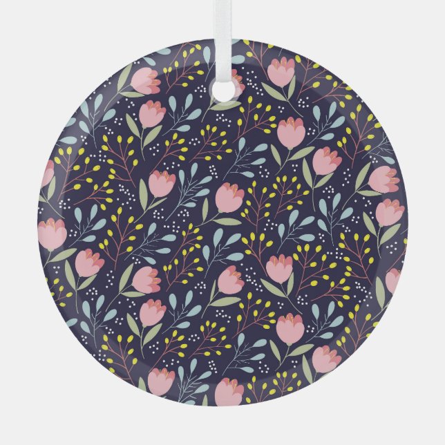 Cute Floral: Colourful Flowers Pattern. Glass Tree Decoration (Front)