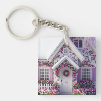 Cute Floral Cottage Dreamy Pink House Acrylic Key Ring