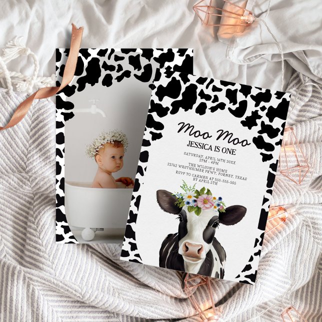 Cute Floral Cow Modern 1st Birthday Party Photo Invitation (Creator Uploaded)