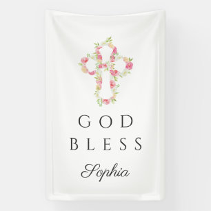 Cute Floral Cross Religious Girl God Bless Banner