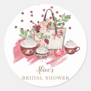 cute floral cupcake bridal shower pink monogram classic round sticker