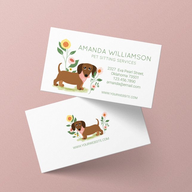 Cute Floral Dachshund Dog Pet Care Services Business Card (Creator Uploaded)
