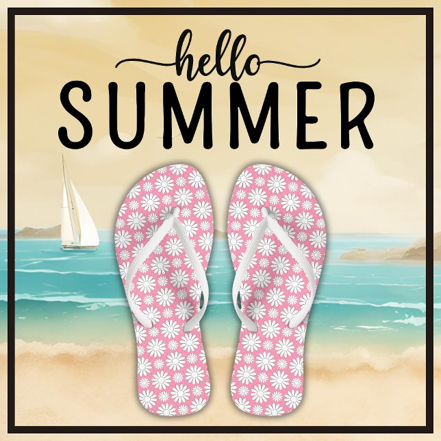 Cute Floral Daisy Pattern Baby Pink & White Summer Thongs (Say Hello Summer with these cute floral daisy pattern baby pink and white flip flops.)
