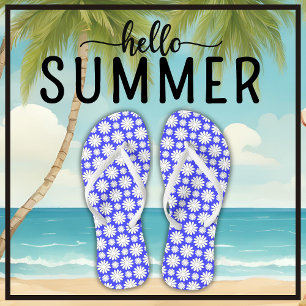 Cute Floral Daisy Pattern Blue and White Summer Thongs