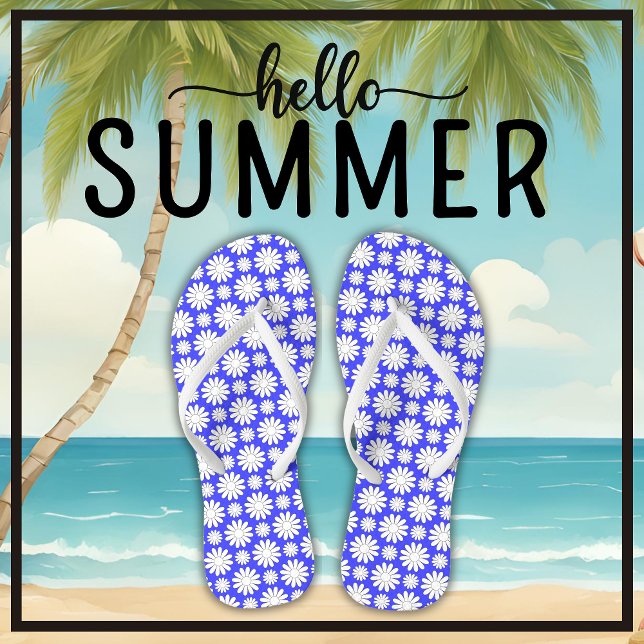Cute Floral Daisy Pattern Blue and White Summer Thongs (Say Hello Summer with these cute floral daisy pattern blue and white flip flops.)