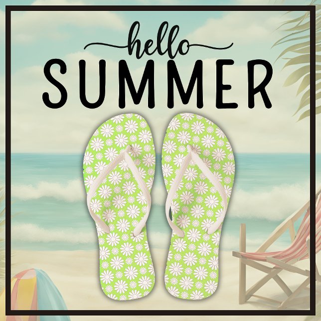 Cute Floral Daisy Pattern Green and White Summer  Thongs (Say Hello Summer with these cute floral daisy pattern light green and white flip flops.)