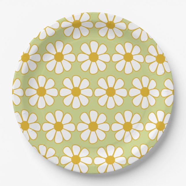 Cute Floral Daisy Pattern Green Paper Plate (Front)