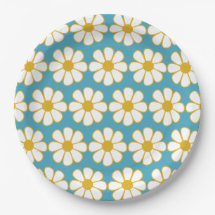 Cute Floral Daisy Pattern Mustard and Blue Paper Plate
