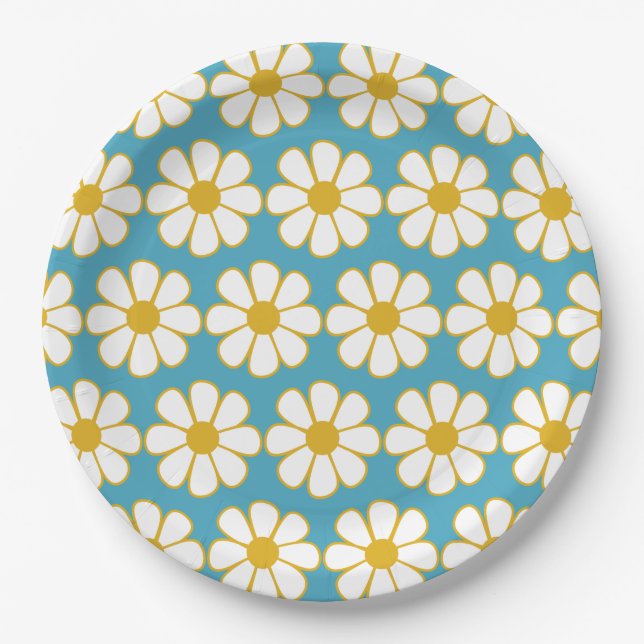 Cute Floral Daisy Pattern Mustard and Blue Paper Plate (Front)