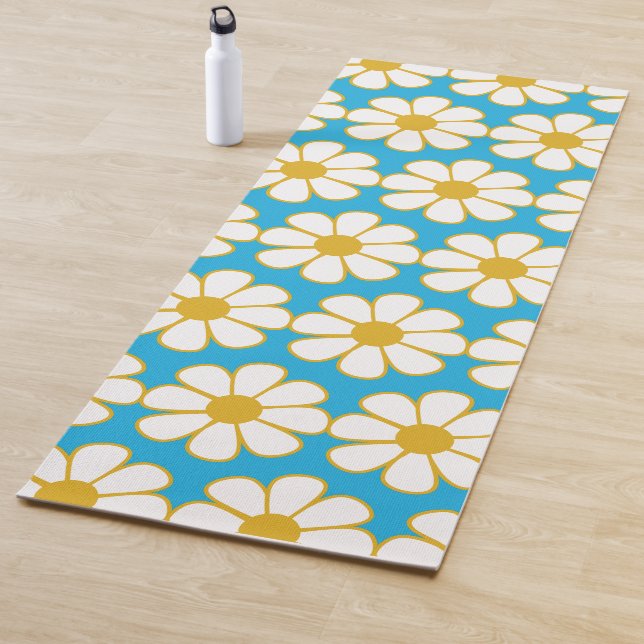 Cute Floral Daisy Pattern Mustard and Blue Yoga Mat (In Situ)