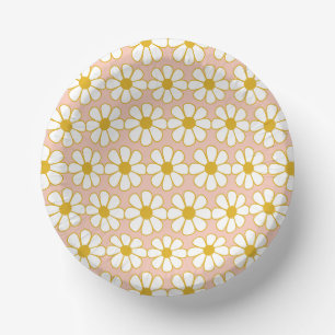 Cute Floral Daisy Pattern Mustard Gold and Blush Paper Plate