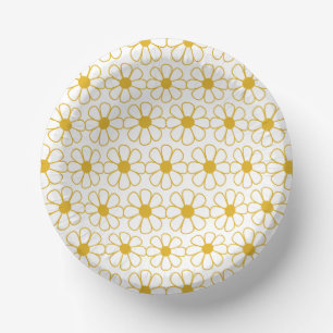 Cute Floral Daisy Pattern Mustard Gold and White P Paper Plate