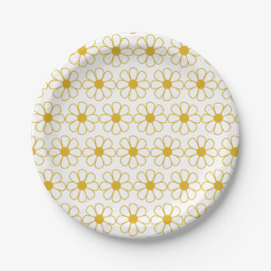Cute Floral Daisy Pattern Mustard Gold and White  Paper Plate