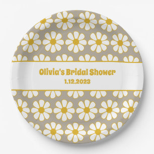 Cute Floral Daisy Pattern Mustard White Grey Paper Plate