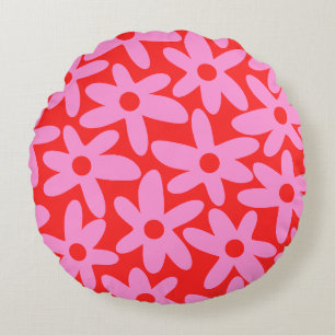 Cute Floral Daisy Time Preppy Pink and Red Round Cushion