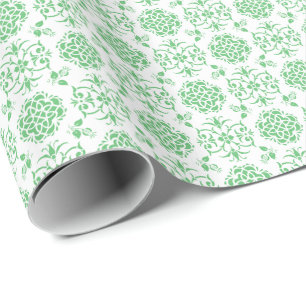 Cute Floral Damask Stylie Pattern Green and White Wrapping Paper