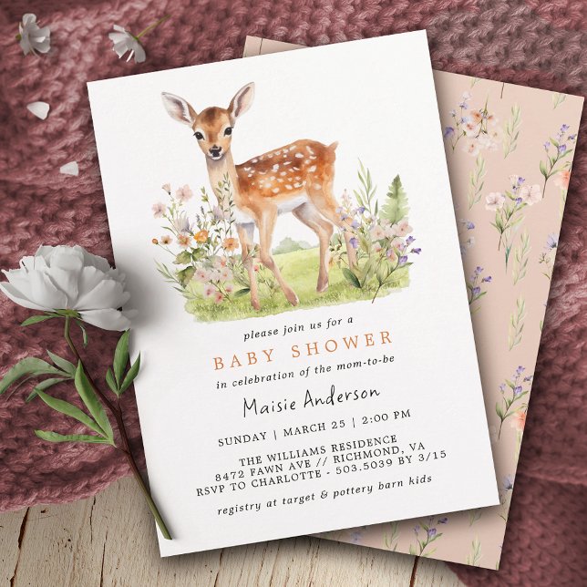 Cute Floral Deer Fawn | Airy Spring Baby Shower Invitation (Creator Uploaded)
