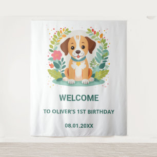Cute Floral Dog Puppy Baby Boys Birthday Welcome Tapestry