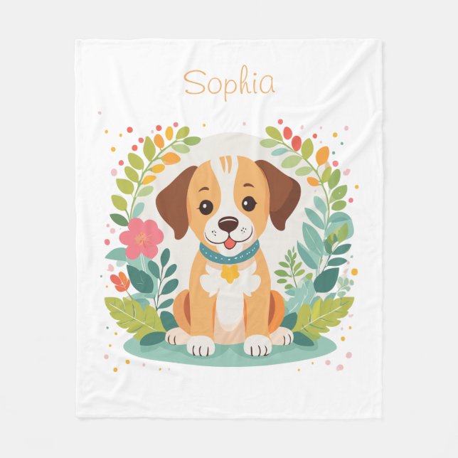 Cute Floral Dog Puppy  Fleece Blanket (Front)
