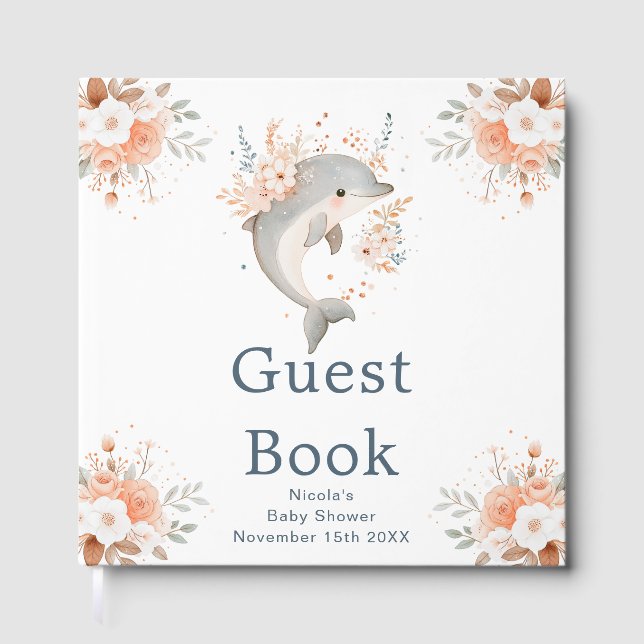 Cute Floral Dolphin Baby Shower Guest Book (Front)