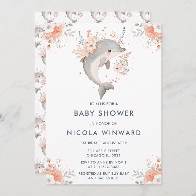 Cute Floral Dolphin Baby Shower Invitation (Front/Back)