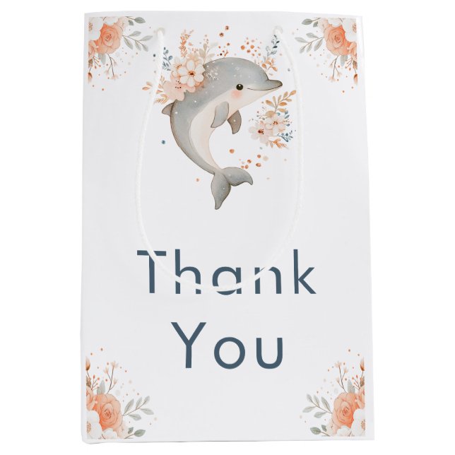 Cute Floral Dolphin Baby Shower Medium Gift Bag (Front)
