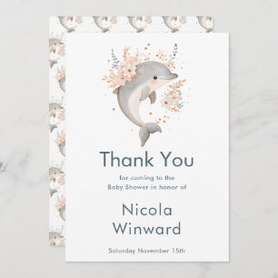 Cute Floral Dolphin Baby Shower  Thank You Card