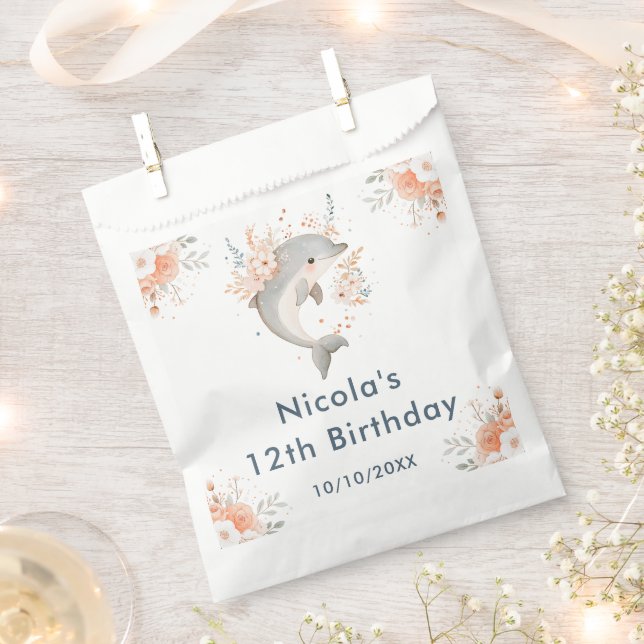Cute Floral Dolphin Birthday Party Favour Bag (Clipped)