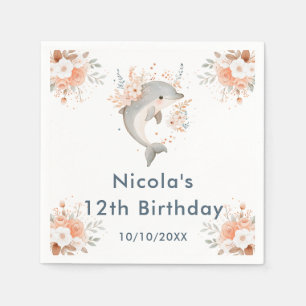 Cute Floral Dolphin Birthday Party Napkin