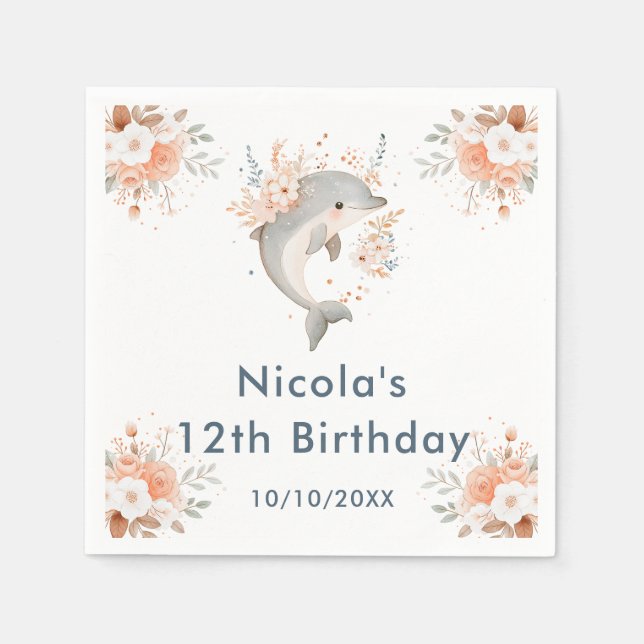 Cute Floral Dolphin Birthday Party Napkin (Front)