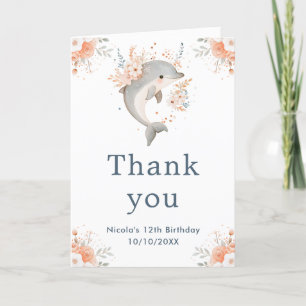 Cute Floral Dolphin Birthday Party Thank You Card