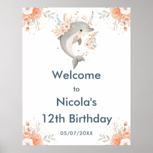 Cute Floral Dolphin Birthday Party Welcome Poster