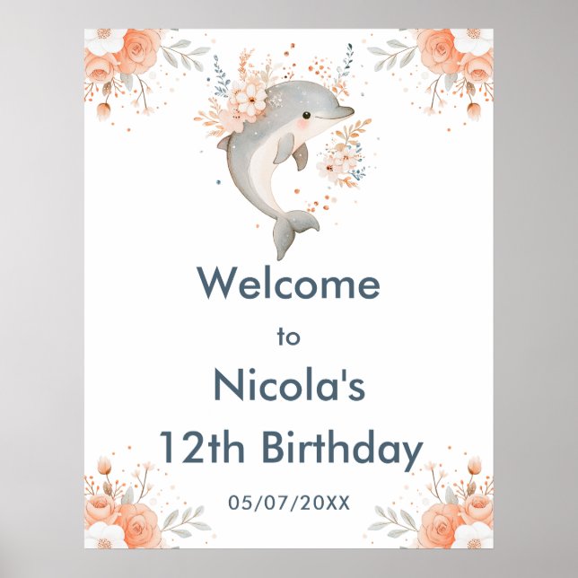 Cute Floral Dolphin Birthday Party Welcome Poster (Front)