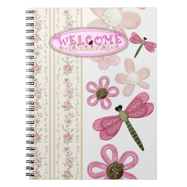 Cute Floral & Dragonfly Pink Spiral Notebook (Front)