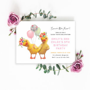 Cute Floral Ducks Joint Birthday Party Invitation