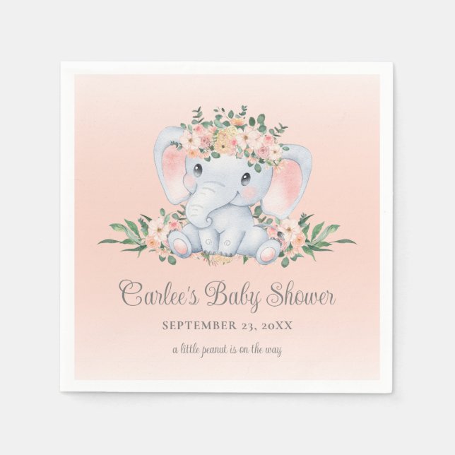 Cute Floral Elephant Baby Girl Baby Shower Napkin (Front)