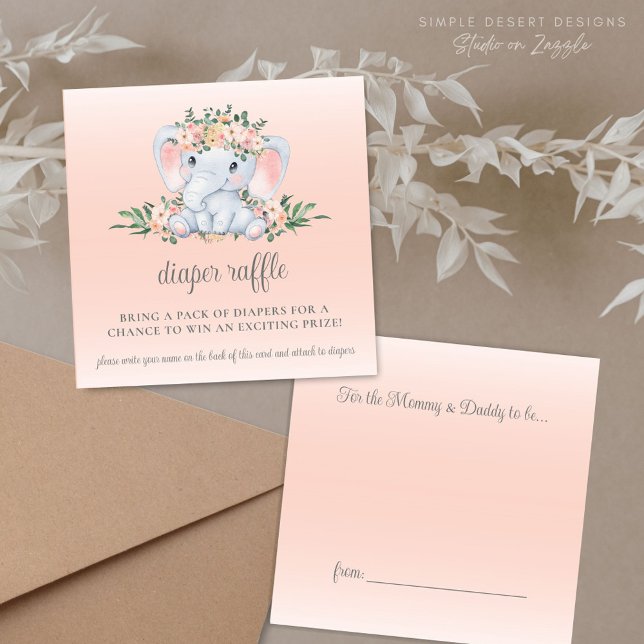 Cute Floral Elephant Baby Shower Diaper Raffle Enclosure Card (Sweet Blush Pink Floral Greenery Baby Shower Diaper Raffle Cards with Cute Elephant)